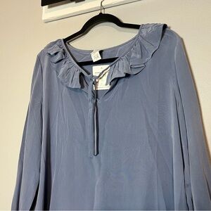 Ruffled Neck Silk Long Sleeve Steel Blue Blouse Size Large Balloon Sleeves NWT